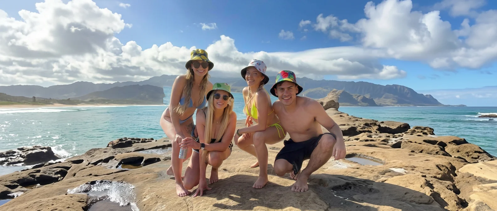 Group of friends at the beach wearing colorful Bizzare Buckade bucket hats