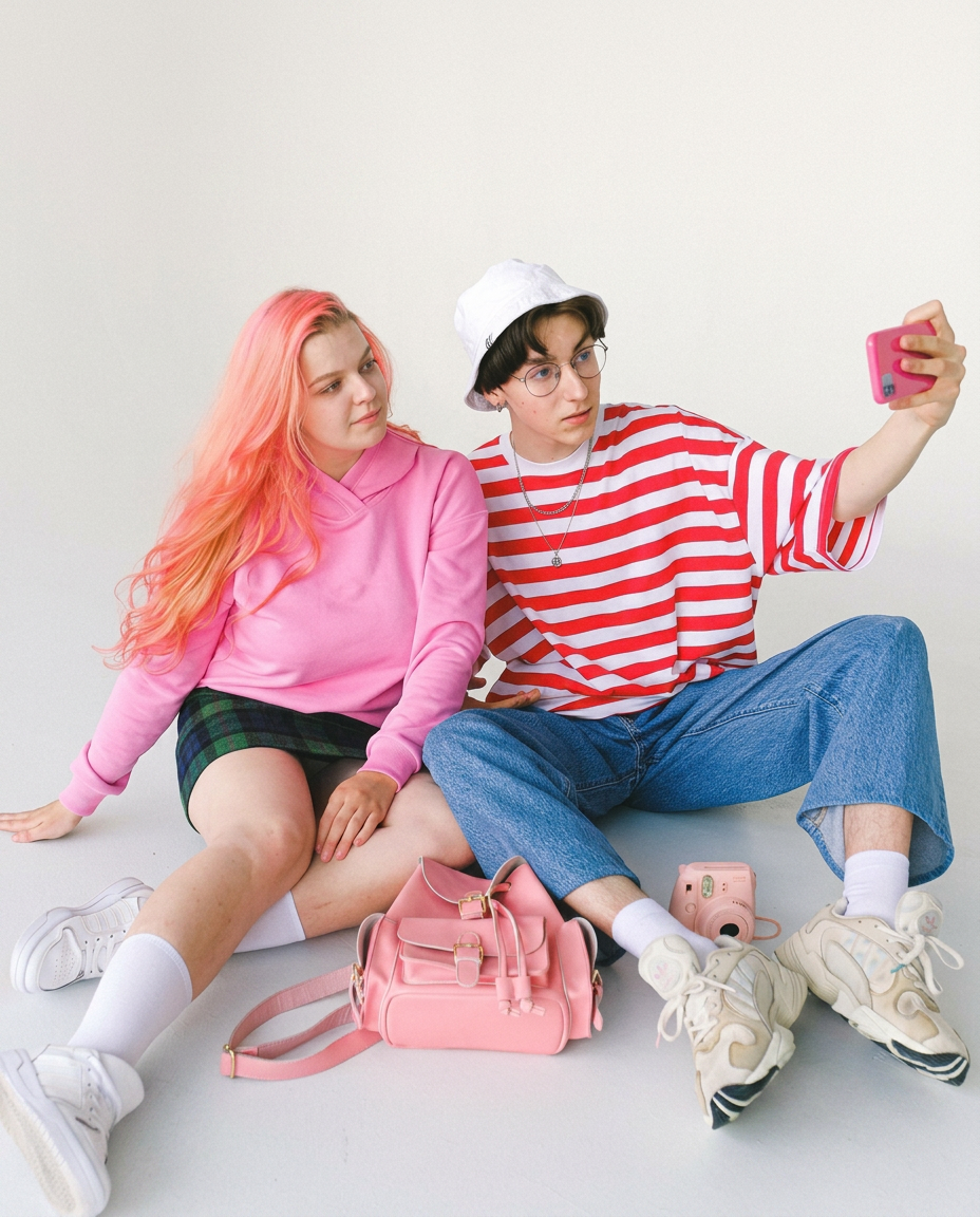 Couple in a studio wearing a white Bizzare Buckade bucket hat
