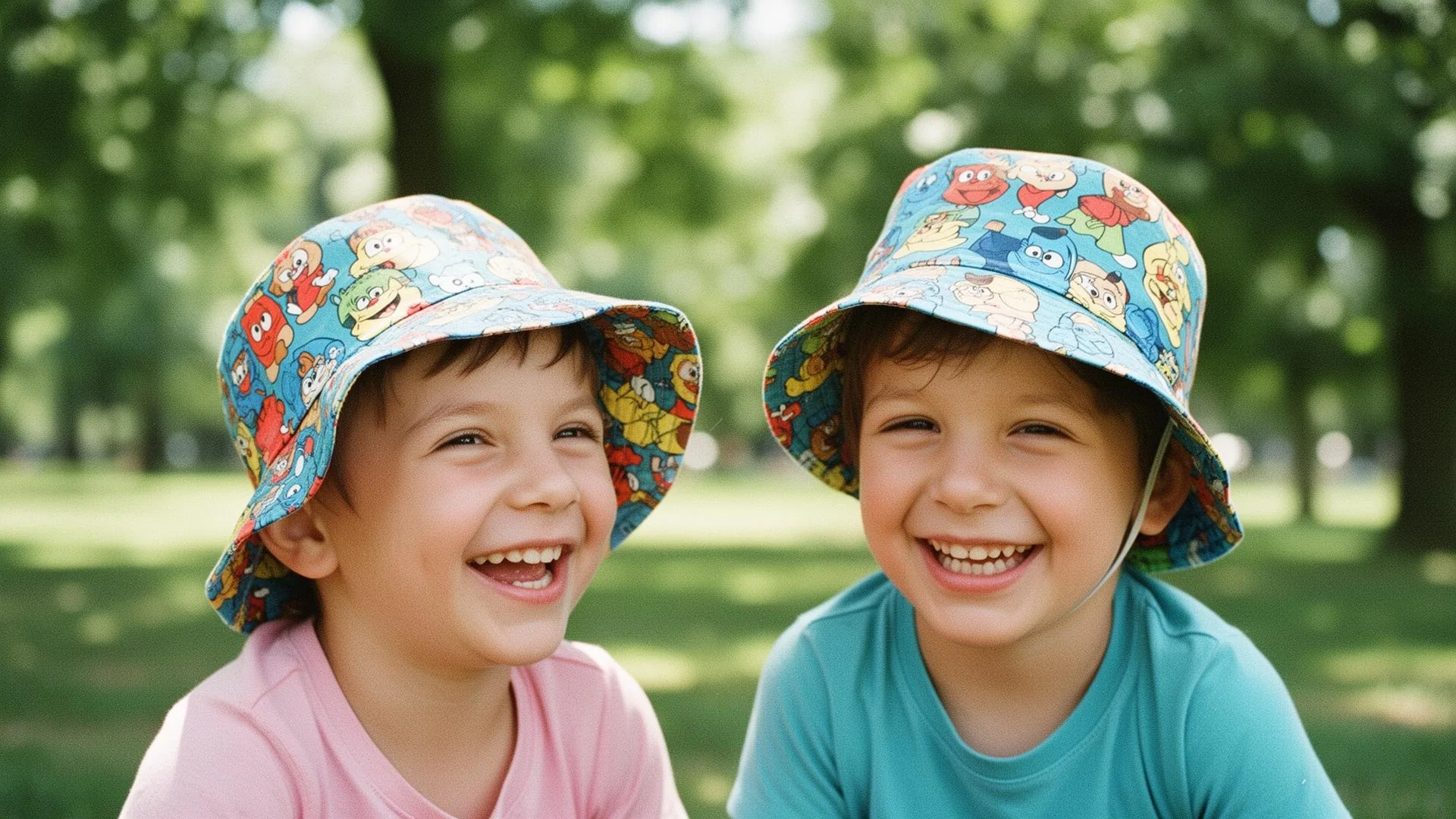Two kids laughing outdoors in cartoon-print Bizzare Buckade bucket hats