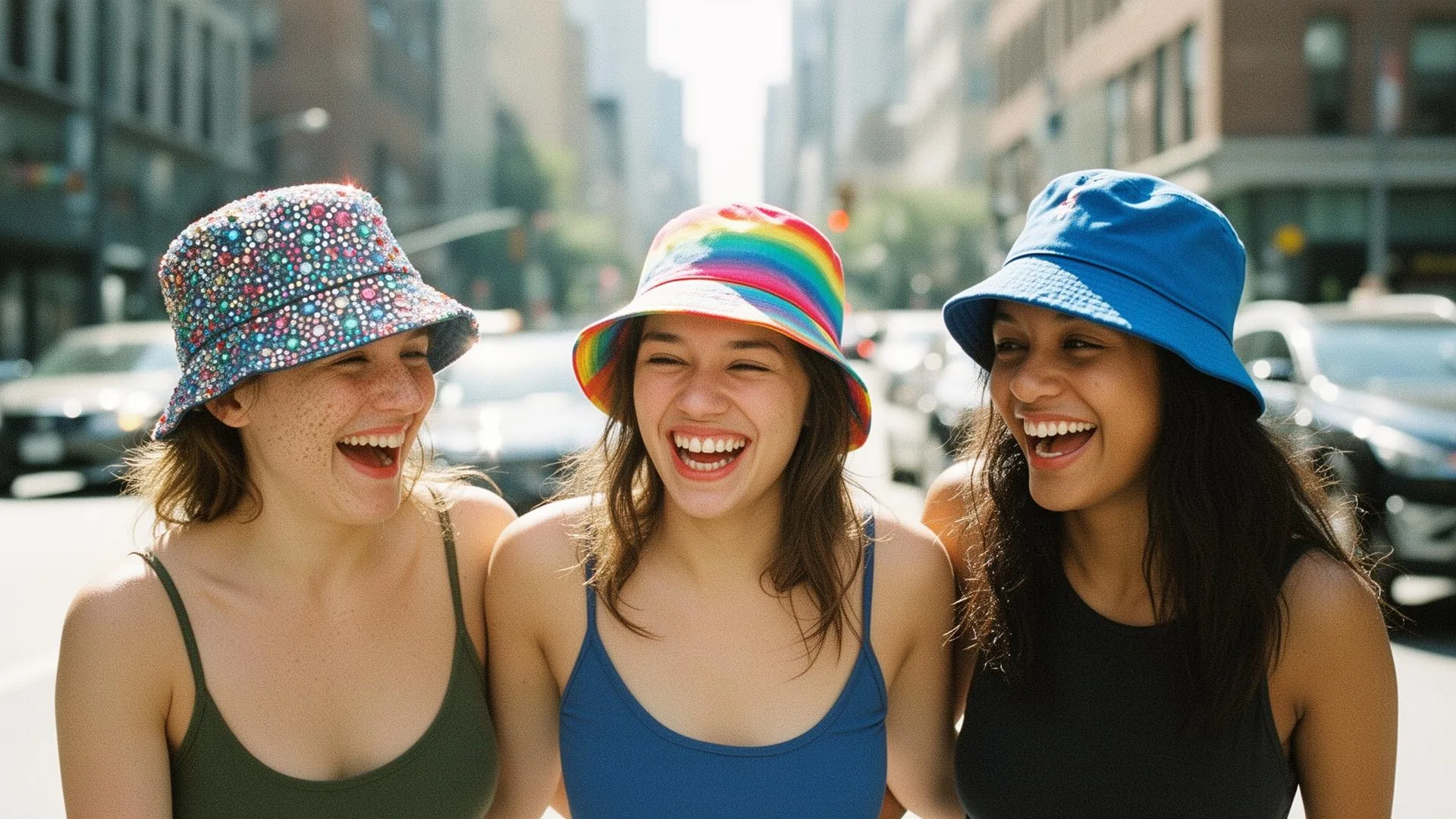 Three friends walking down a city street in colorful Bizzare Buckade bucket hats