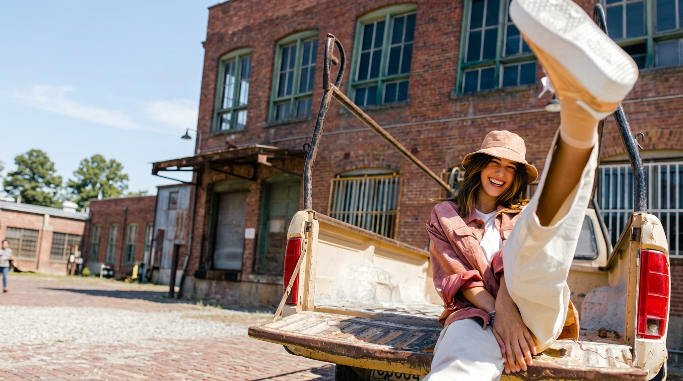 Person laughing in a tan Bizzare Buckade bucket hat