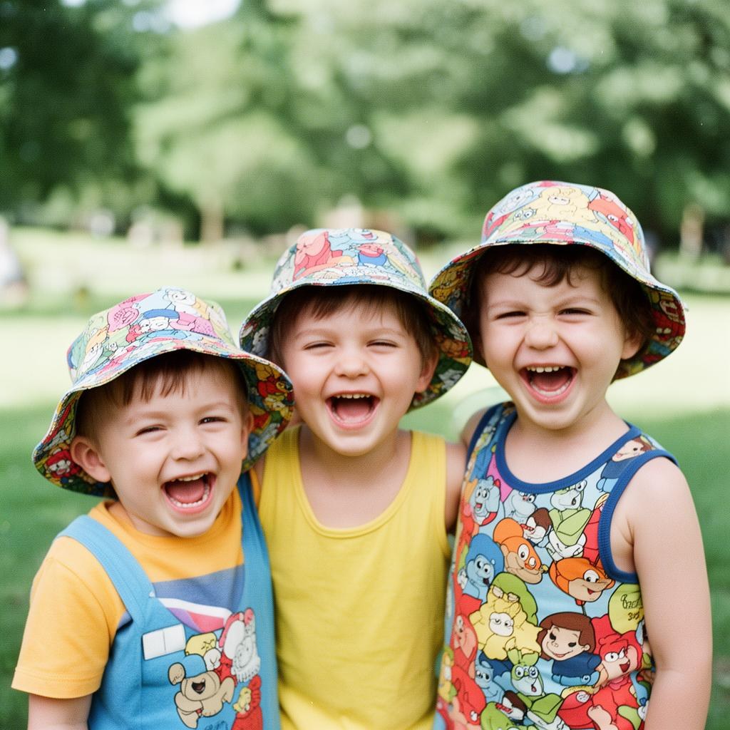 Happy kids outdoors wearing colorful cartoon-print Bizzare Buckade bucket hats